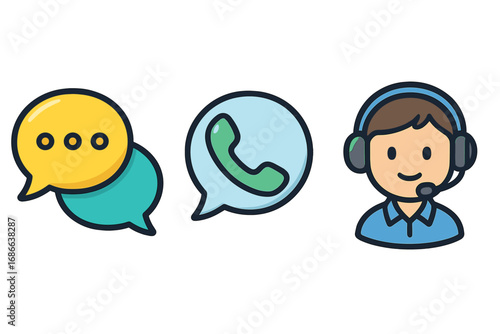 Communication icon set for customer service and support. Vector cartoon illustration of a chat bubble, a phone call, and an operator with a headset. Contact us and helpdesk concepts.