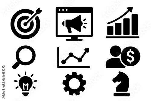 Marketing and analytics glyph icon set for business. Digital strategy symbols for advertising, SEO, and data analysis. Vector icons for growth, targeting, and planning.