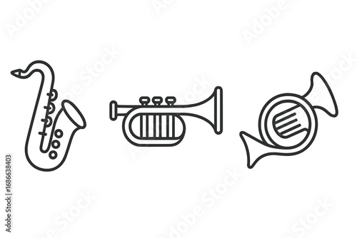 Wind musical instruments outline icon set. Saxophone, trumpet, French horn linear icons. Brass instrument collection for orchestra, jazz band, or concert concepts. Vector.