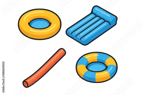 Inflatable pool accessories icon set. Isometric vector cartoon illustration of summer water toys. Pool float, swim ring, inflatable mattress, and pool noodle collection.