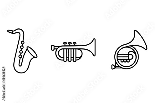 Music instruments outline icon set. Saxophone, trumpet, and french horn in a simple linear art style. Vector collection for concepts of jazz, classical music, and orchestra.