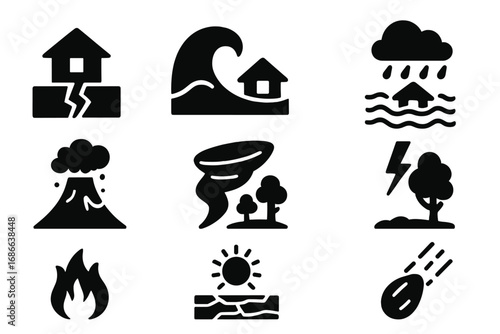 Natural disaster solid icon set. Catastrophe and calamity symbols. Earthquake, tsunami, flood, volcano, tornado, lightning, fire, drought, meteor vector illustration.