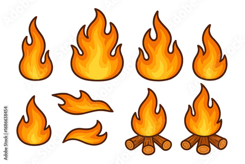 Set of cartoon fire and campfire illustrations. Vector collection of various flame shapes, bonfires with logs, and burning elements. Hot ignition symbols for design projects.