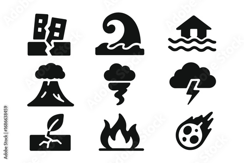 Natural disasters solid icon set. Catastrophe and emergency pictograms. Contains earthquake, tsunami, flood, volcano, tornado, fire, meteor and more. Simple vector symbols.