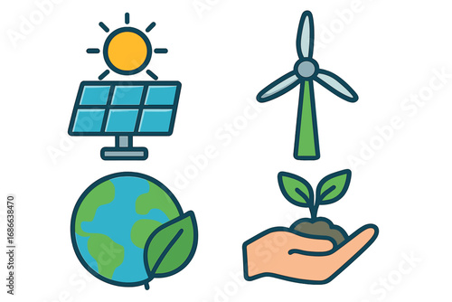 Set of sustainable energy and environmental conservation icons. Vector illustration of solar panel, wind turbine, green planet earth, and hand holding a plant. Ecology concept.
