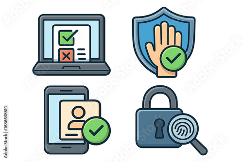 Vector icon set for digital voting and online verification process. Concept of security, authentication, data protection. Identity check, secure access, biometric fingerprint scan.