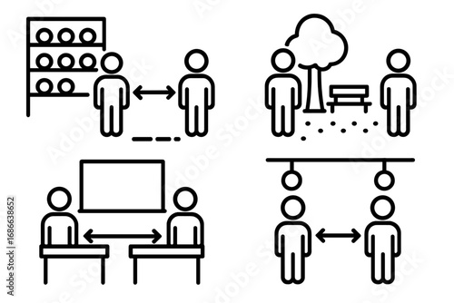 Social distancing line icon set. Keep your distance concept. Health and safety rules for pandemic in public places. Coronavirus prevention signs for office, store, park, transport.