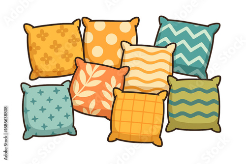 Set of decorative throw pillows with various patterns. Cozy home decor element. Cartoon vector illustration of a pile of soft cushions for comfort, interior design or sleep.