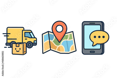 Logistics and delivery service vector icon set for transportation and e-commerce. Fast shipping concept with truck, parcel, GPS map locator, and phone communication for apps.