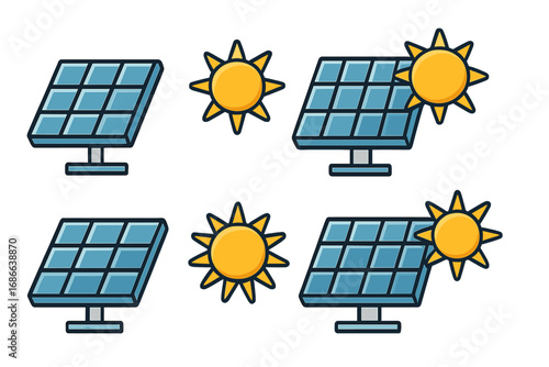 Set of solar panel and sun icons. Vector cartoon illustration of renewable energy concepts. Clean green technology for electricity generation. Sustainable solar power symbols.
