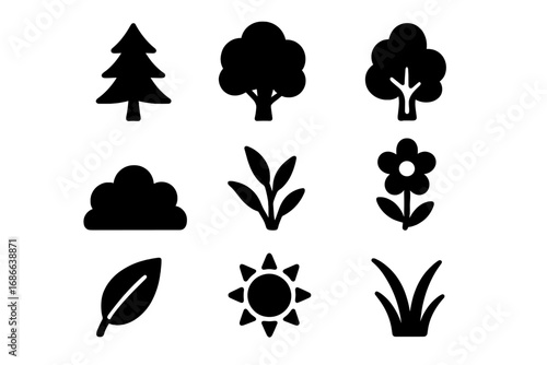 Nature icon set vector silhouette. Simple minimalist graphic symbols of tree, flower, plant, sun, leaf, and cloud. Flat black ecology and environment concept illustration.