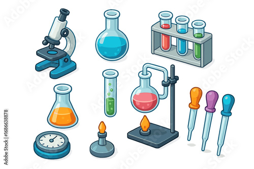 Isometric laboratory equipment icon set. Vector cartoon illustration for science, chemistry, and biology research. Includes microscope, test tube, flask, and burner for experiments.