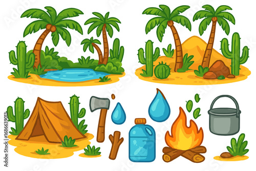Cartoon desert survival elements set. Vector illustration of oasis with palm trees, cacti, sand dunes. Icons of tent, campfire, axe, water for camping or adventure.