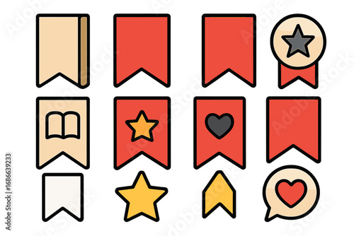 Vector bookmark icon set. Favorite, save, tag and read symbols. Collection of simple ribbon labels with star and heart for UI, app, and web design. Flat graphic elements.