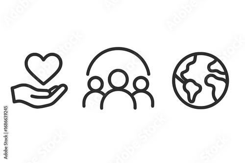 Social responsibility icon set. Minimalist symbols for community support, global awareness, charity, donation, volunteering, teamwork, ethics, planet care, society, and NGO.