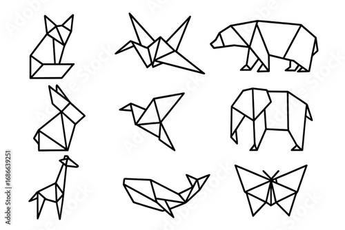 Geometric animal logo collection. Polygonal line art icon set of wild animals. Minimalist origami style fox, bear, elephant, bird, butterfly, whale, giraffe for modern branding.