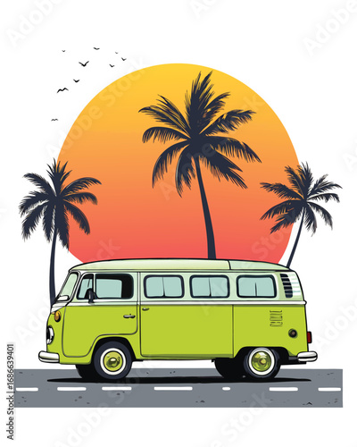 Vintage Van Vacation Getaway Retro Style Palm Trees and Sunset A Nostalgic Road Trip Artwork