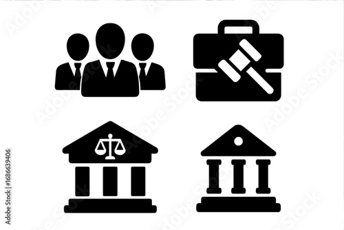 Law icon set. Justice concept. Legal team, lawyer group, class action suit symbol. Briefcase, gavel, judge hammer. Courthouse, court, bank, government building. Solid glyph icons.