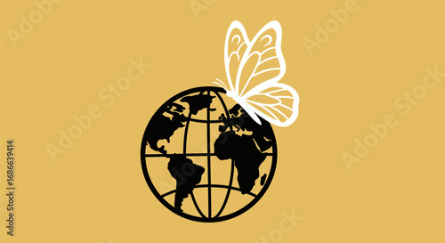 Butterfly perched on a globe symbolizing global transformation and new beginnings.