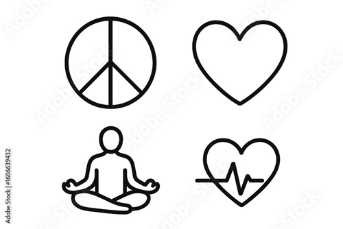 Peace, love, and heart line icon set. Mindfulness and meditation symbols outline collection. Health, yoga, and wellness concepts. Vector graphic elements for spiritual design.