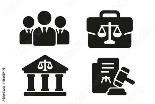 Legal solid icons set. Law and justice pictogram collection. Lawyer team, legal briefcase, courthouse, judge gavel on document. Attorney symbol. Vector illustration.
