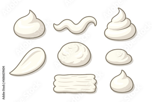White cream shapes set. Vector cartoon illustration of different cosmetic or food cream textures. Dollops, swirls and smears of frosting, icing, lotion, or mayonnaise.