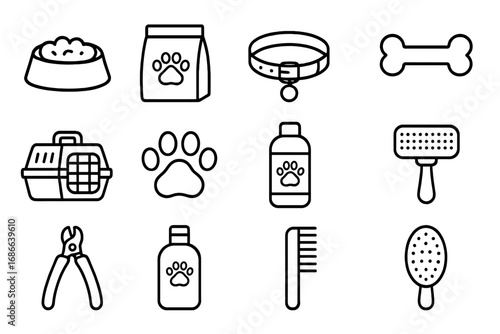 Pet care line icon set. Dog and cat grooming, essentials collection. Vector outline symbols for animal shop. Food bowl, collar, carrier, bone, brush, comb, shampoo, nail clippers.