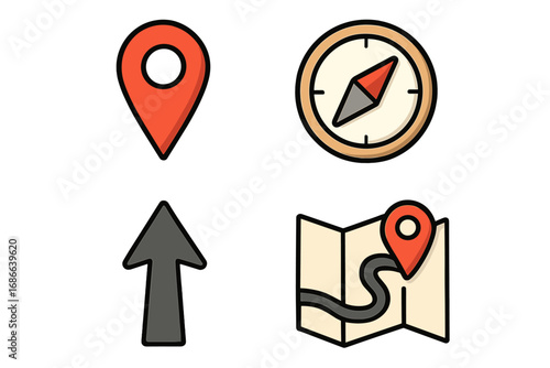 Navigation and location icon set. Vector symbols for travel, direction, and GPS. Includes compass, map pin, arrow, and route icons. Clean cartoon illustration for web or app.