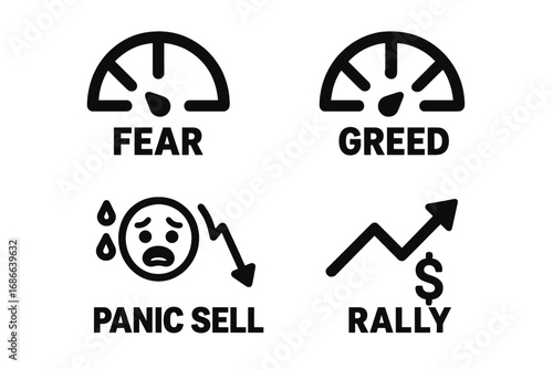 Market sentiment icons. Fear and greed gauge. Investor psychology concept. Panic sell, rally, emotion, stock exchange, finance. Bear and bull market vector illustration set.