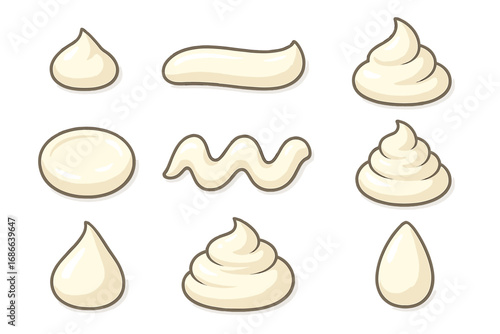 Set of white cream, mayonnaise or sour cream dollops. Collection of different creamy sauces, cosmetic lotion or yogurt drops and smears. Vector cartoon illustration.