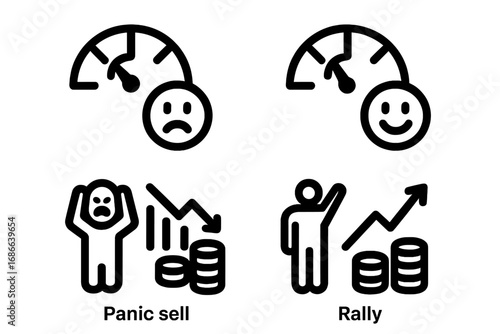 Market sentiment vector icon set. Investor psychology concept with fear and greed index gauge. Panic sell and bull market rally symbols. Financial trading emotion icons.