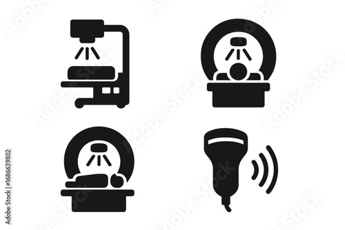 Medical imaging solid glyph icon set. Radiology diagnostic equipment pictograms. X-ray machine, MRI, CT scanner, and ultrasound probe vector silhouette collection for healthcare.