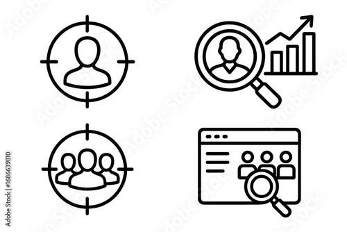 Target audience line icon set. Market research, customer analysis, group identification. Vector for business marketing, lead generation, user persona, segmentation, CRM concept.