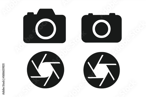 Photography camera silhouette icon set. Shutter aperture symbols. Vector graphic collection of photo camera, lens shutter signs. Simple black isolated flat design elements.