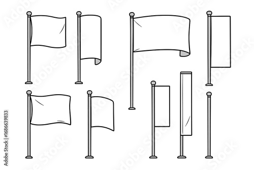 Set of blank flags, banners on poles. Waving white flag mockups. Advertising beach flag, exhibition promotion banner template. Vector icon set for branding, marketing.