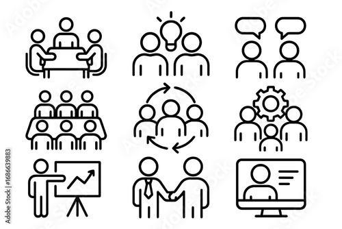 Business meeting and collaboration icon set. Teamwork, communication, presentation, handshake, brainstorming, video conference. Outline vector symbols for corporate workflow.