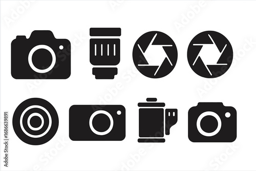 Photography camera solid glyph icon set. Photo equipment symbols. Vector collection of lens, aperture, shutter, film roll and digital or analog camera silhouettes for design.