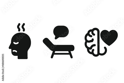 Mental health solid glyph icon set. Stress, anxiety and depression pictogram. Psychotherapy, psychology and emotional wellness concept. Brain and heart, therapy couch vector.