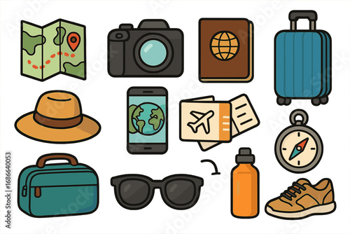 Travel essentials icon set. Vector cartoon illustration for planning a journey or vacation. Adventure tourism concept with camera, passport, map, luggage, compass, tickets.