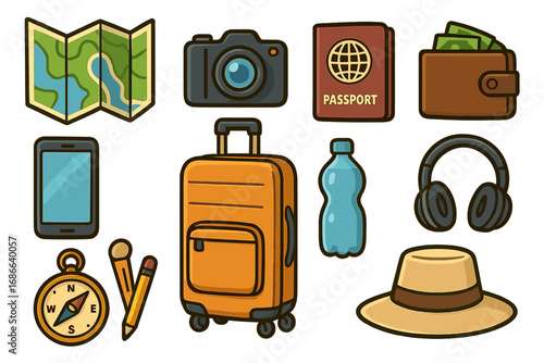 Vector illustration set of travel essentials. Cartoon icons for journey planning and vacation. Tourism concept with luggage, map, passport, camera, compass and wallet.