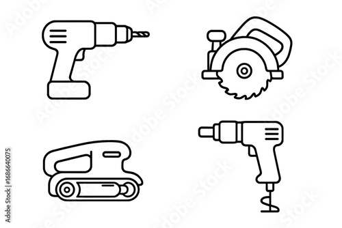 Power tools outline icon set. Drill, circular saw, belt sander, screwdriver line art. Vector graphic collection for construction, repair, carpentry. Workshop equipment symbols.