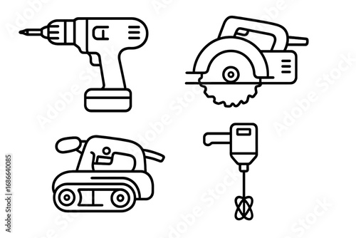 Power tools outline icon set. Vector collection of construction and repair instruments. Includes drill, circular saw, belt sander, mixer. Carpentry & DIY renovation pictogram.