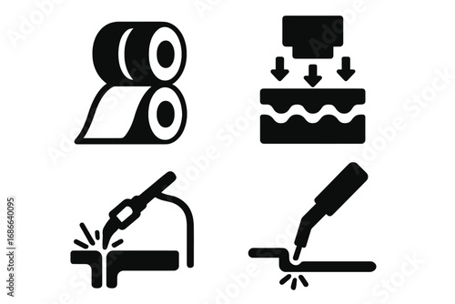 Metalworking process icons. Manufacturing symbol set. Steel fabrication, production line concepts. Rolling, pressing, stamping, welding, laser cutting. Solid filled vector glyphs.