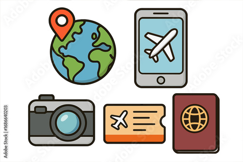 Travel Planning Essentials for a Seamless Journey in a Modern World with Vector Cartoon Icons of Globe, Airplane Ticket, Passport, Camera, and Mobile Navigation, Transparent Background, Ordered Set