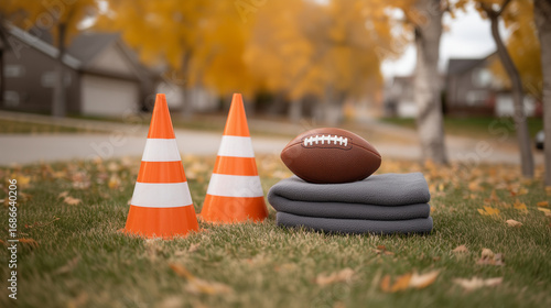 Fall season outdoor recreation with football and cozy blankets in neighborhood park