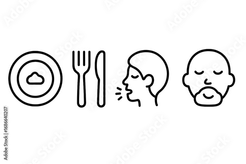 Mindful eating line icon set. Concepts of intuitive and slow eating, portion control, healthy diet, and nutrition. Vector icons for wellness, savoring food, and consciousness.