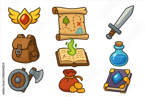 RPG game icon set. Fantasy adventure items. Medieval quest elements. Vector cartoon magic collection. Sword, shield, axe, treasure map, spell book, potion, gold coins, backpack.