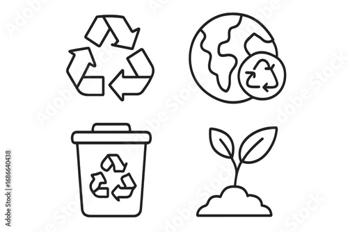 Recycling symbol vector icon set. Eco friendly outline icons for waste management. Sustainability, reuse and reduce concept. Planet earth, growing plant, trash can for ecology.