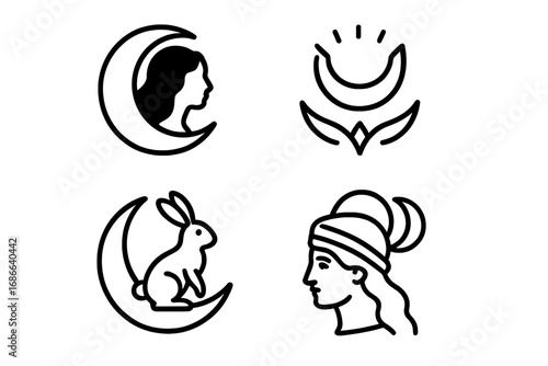 Mythical moon icon set. Outline symbols of moon in mythology. Lunar goddess silhouette, crescent crown, moon rabbit. Esoteric spiritual logo for magic and astrology. Selene.