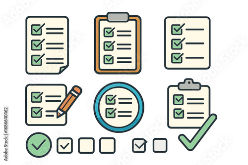 Various checklist icons for organization and task management in a structured grid layout, vector cartoon illustration with transparent background, business and productivity symbols
